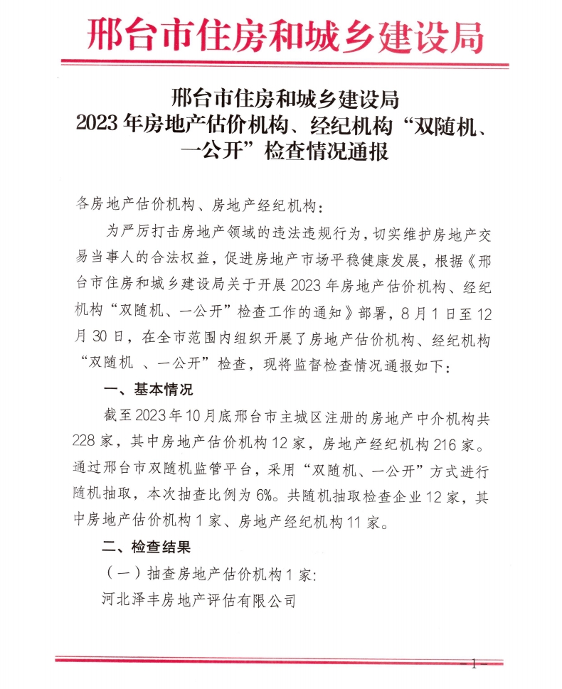 2023年房地产估价机构、经纪机构“双随机、一公开”检查情况通报